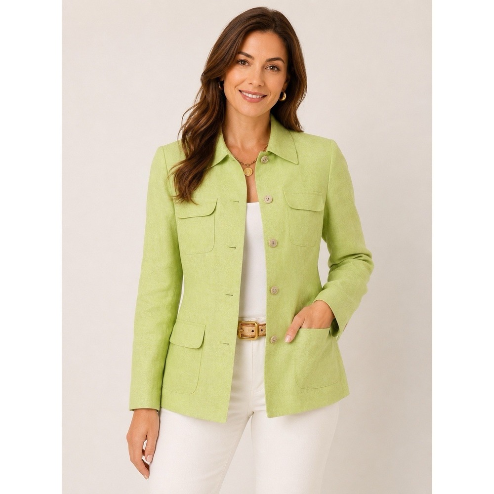 Talbots Petites 100% Irish Linen Blazer Jacket Lime Green Safari‎ Size 4P